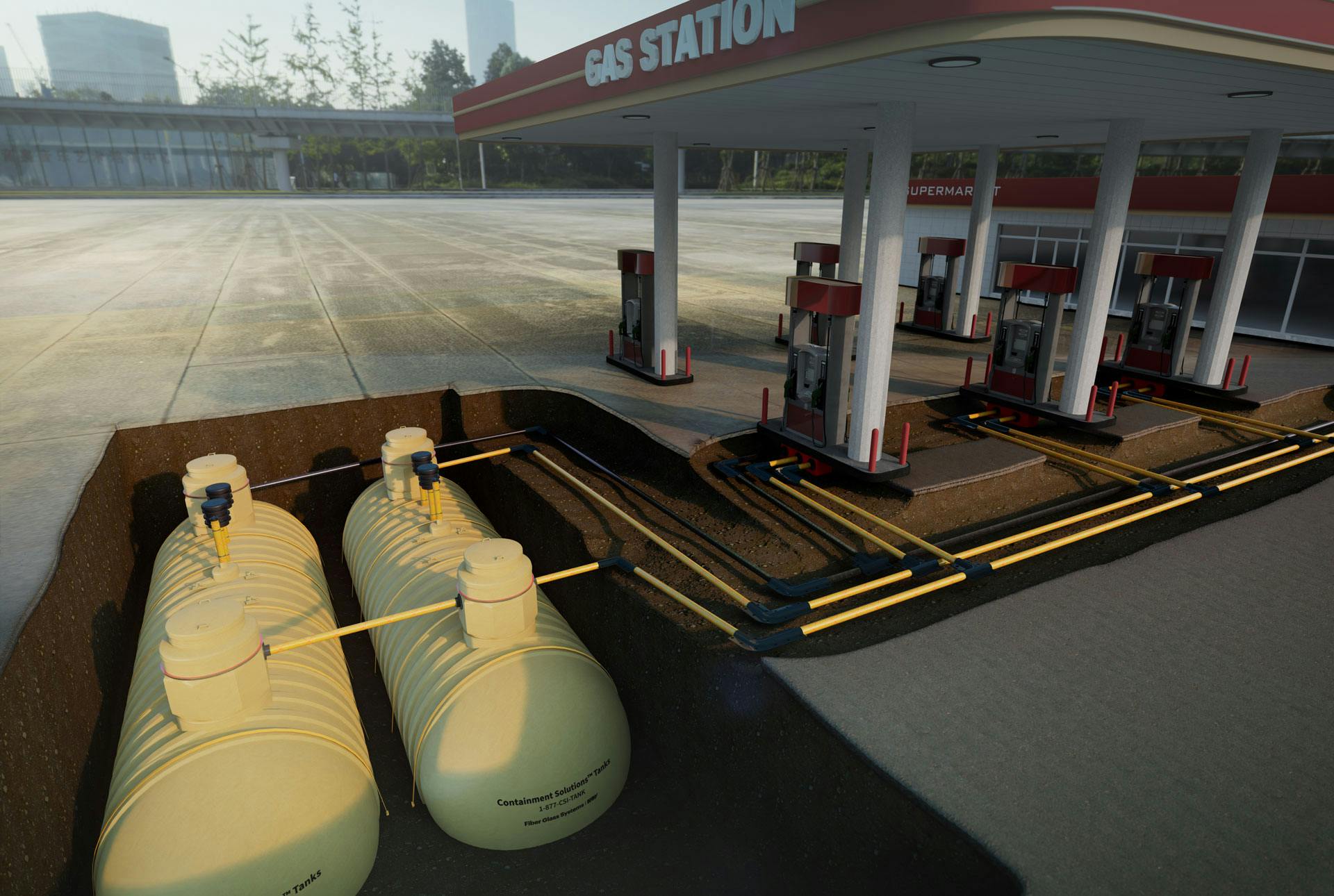 Render of two fuel handling underground tanks connected to a gas station