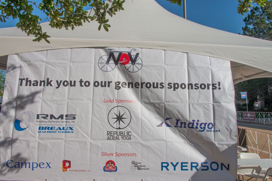 Banner displaying all NOV team sponsors for the Texas MS 150