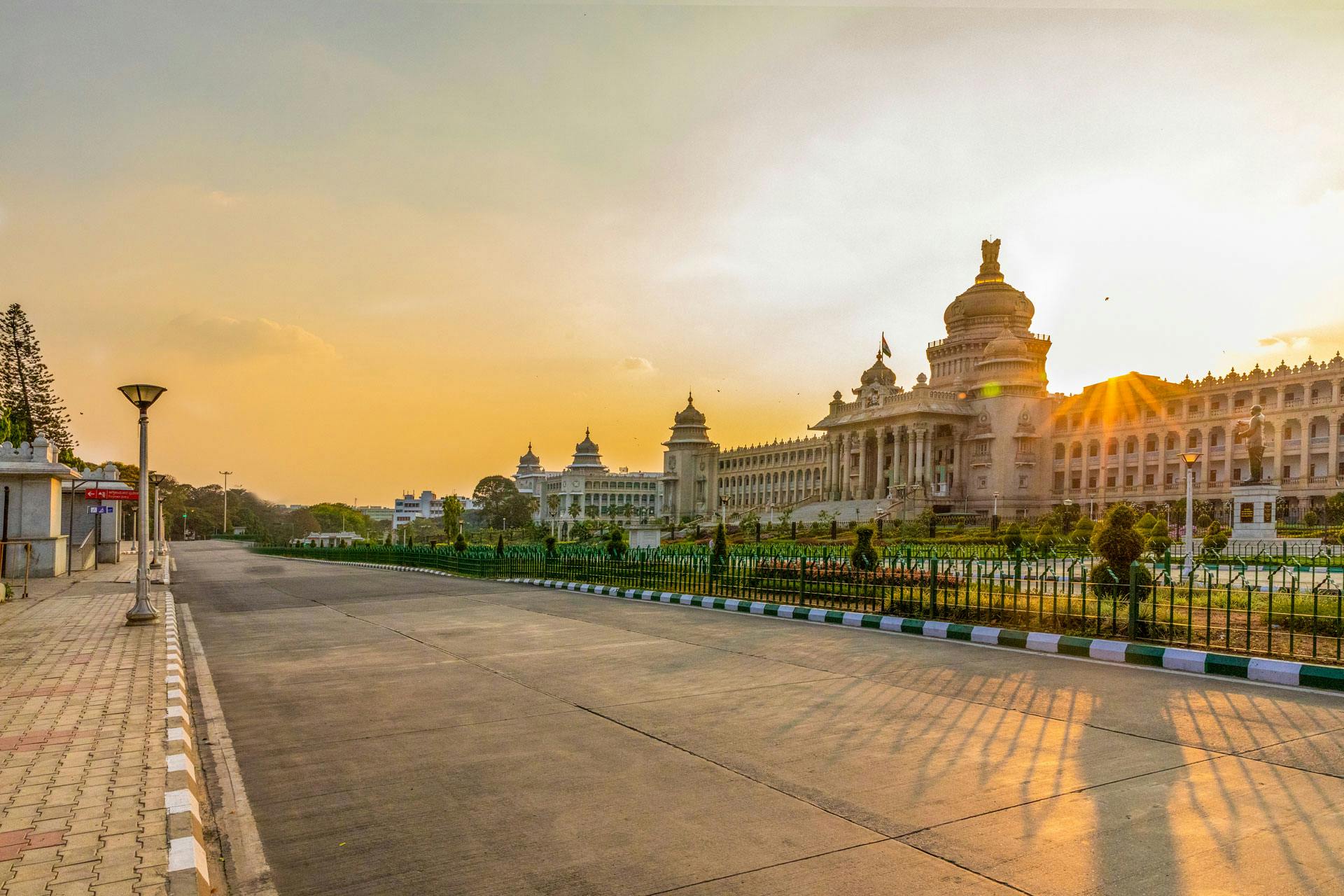 Vidhan Soudha Building in Bangalore, with the sun setting in the background