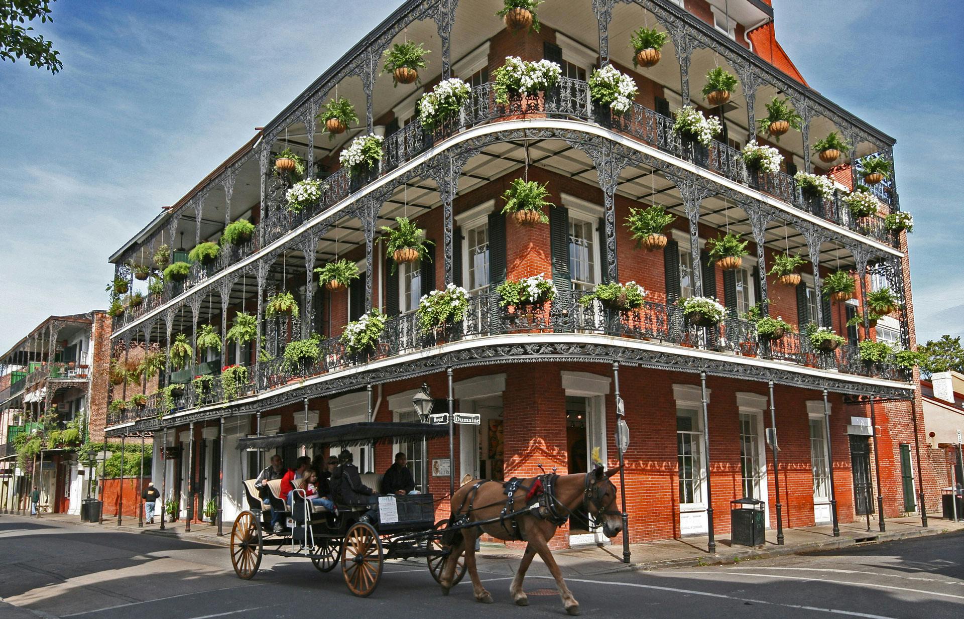 Greek Revival style building in New Orleans with horse and buggy on the road