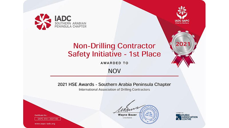 Non-Drilling Contractor Safety Initiative, NOV 1st place certificate