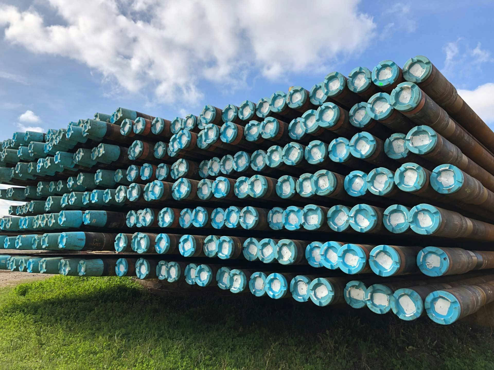 Delta-equipped drill pipe at a manufacturing facility in Navasota, Texas