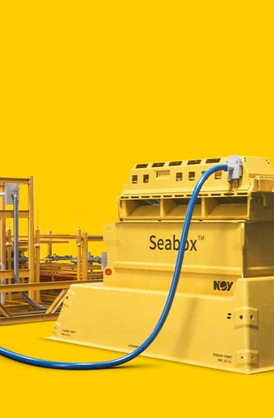 Render of a Seabox with a flexible pipe connected to it, on a bright yellow background