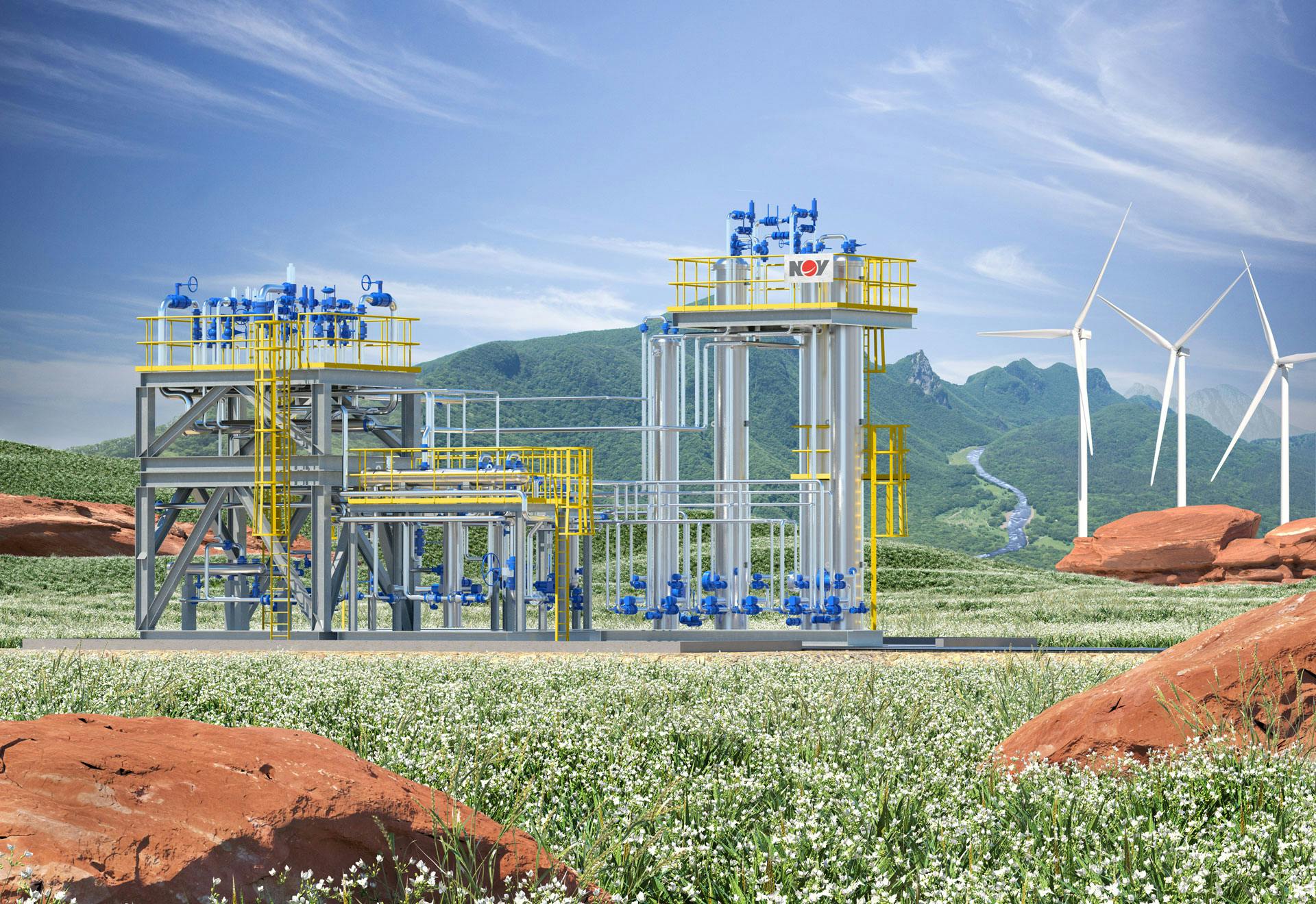 Render of a hydrogen purification plant, wth wind turbines and a mountain range in the background