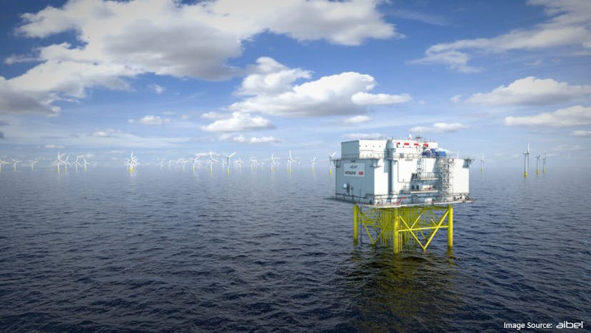 Offshore facility on a calm day, with turbines in the distance