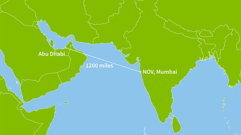 A graphic map showing the distance between Abu Dhabi and NOV's recertification facility in Mumbai 
